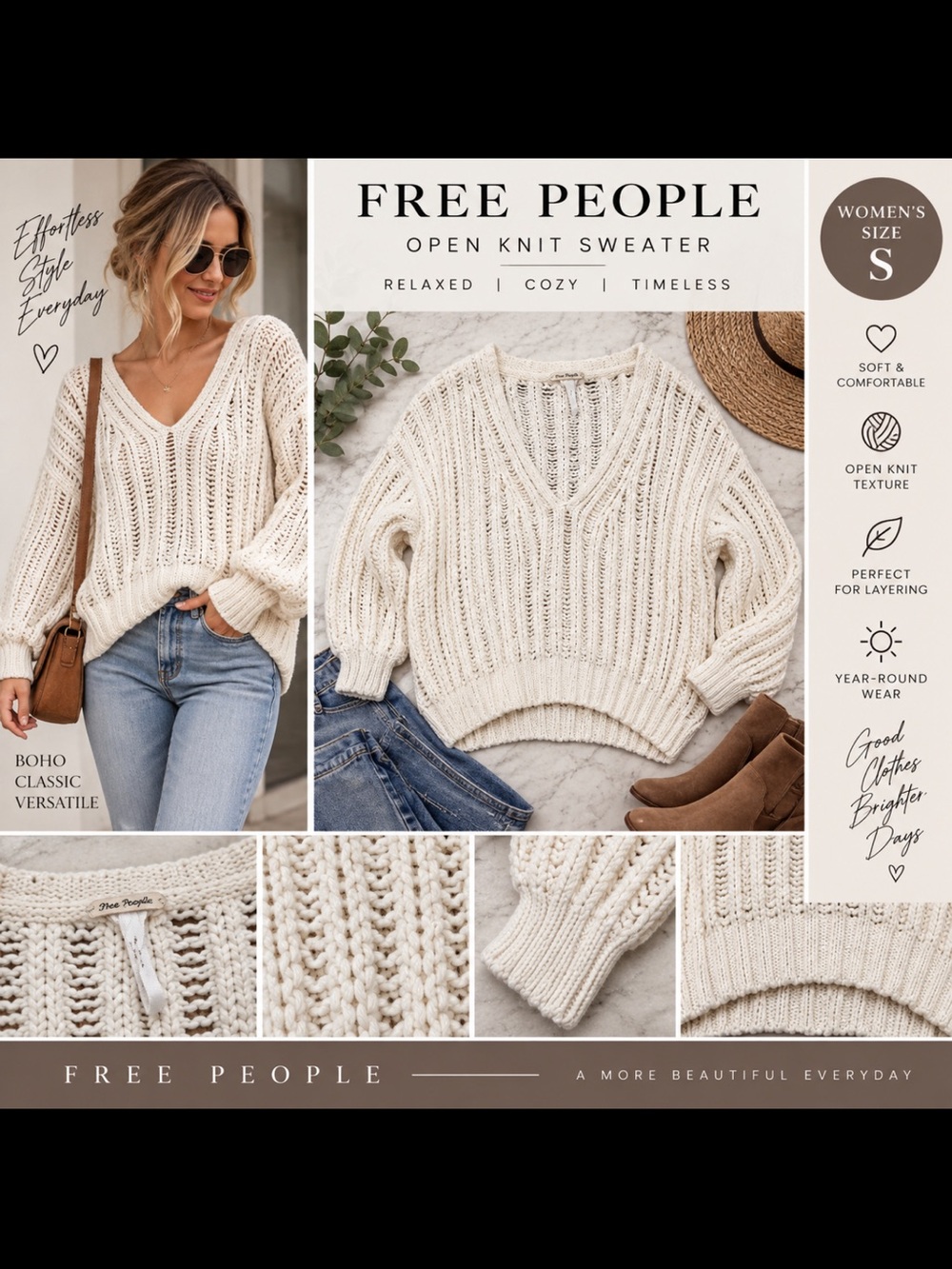Free People Ivory Open Knit Oversized V-Neck Sweater Size Small